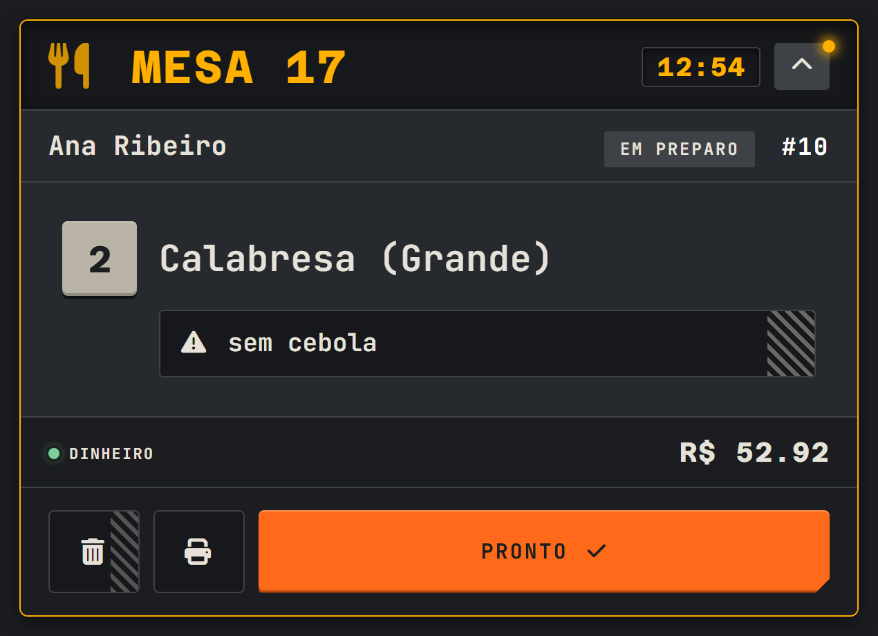 Card da cozinha: MESA 17, tempo de espera em visor âmbar, 2 Calabresa Grande, observação sem cebola e a tecla PRONTO.