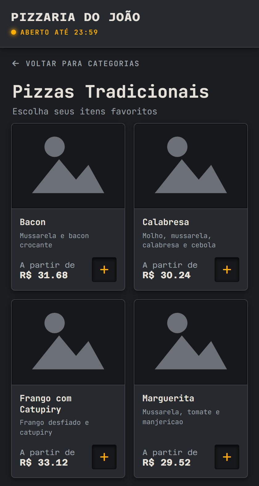 Cardápio no celular: pizzas tradicionais com descrição e preço a partir de, com o botão de adicionar.