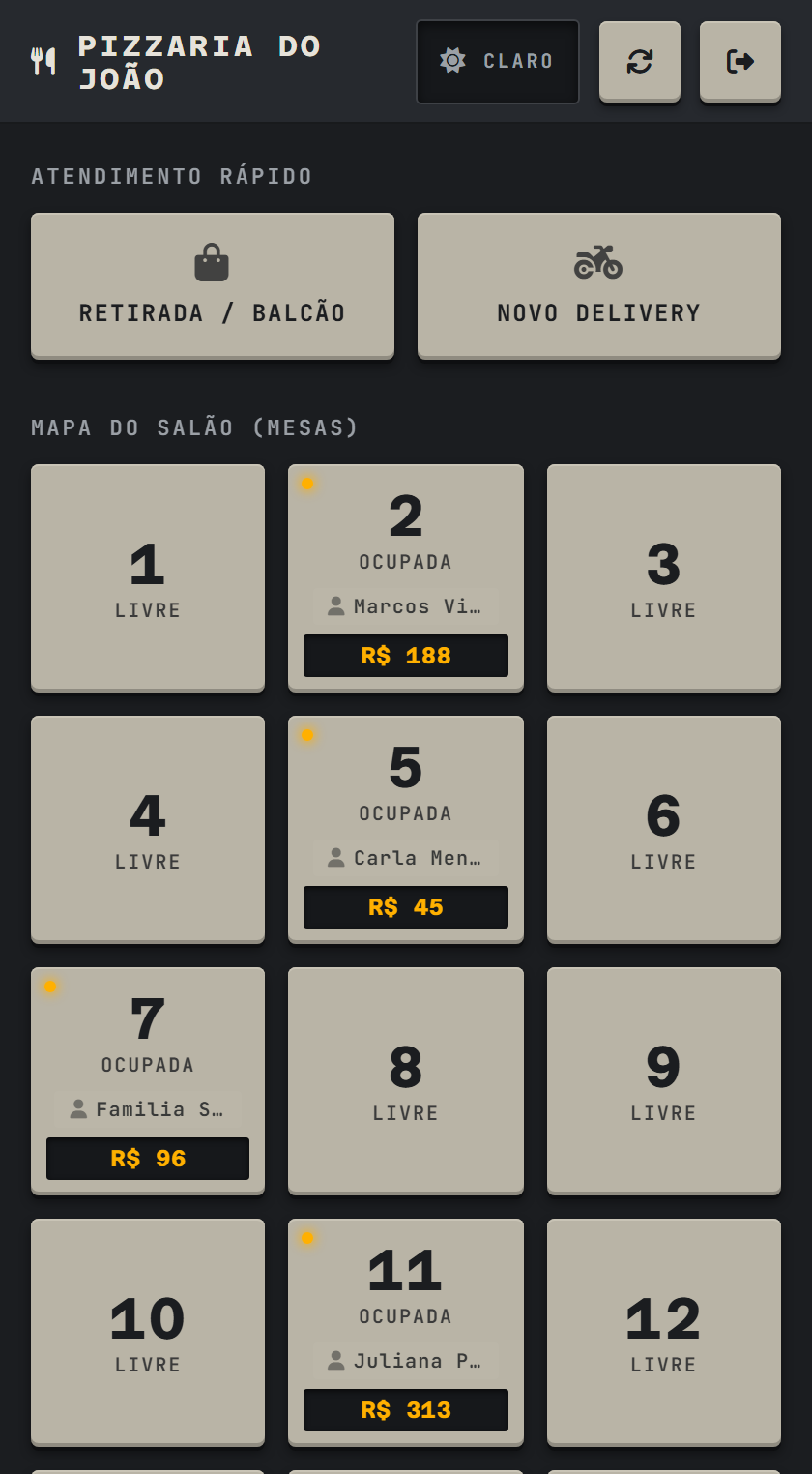 Mapa de mesas no celular do garçom: mesas livres e ocupadas com nome e valor.